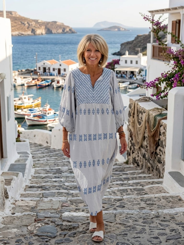 Evadne | V Neck Long Sleeve Embroidered Maxi Dress