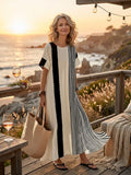 Elara | Round Neck Short Sleeve Striped Maxi Dress