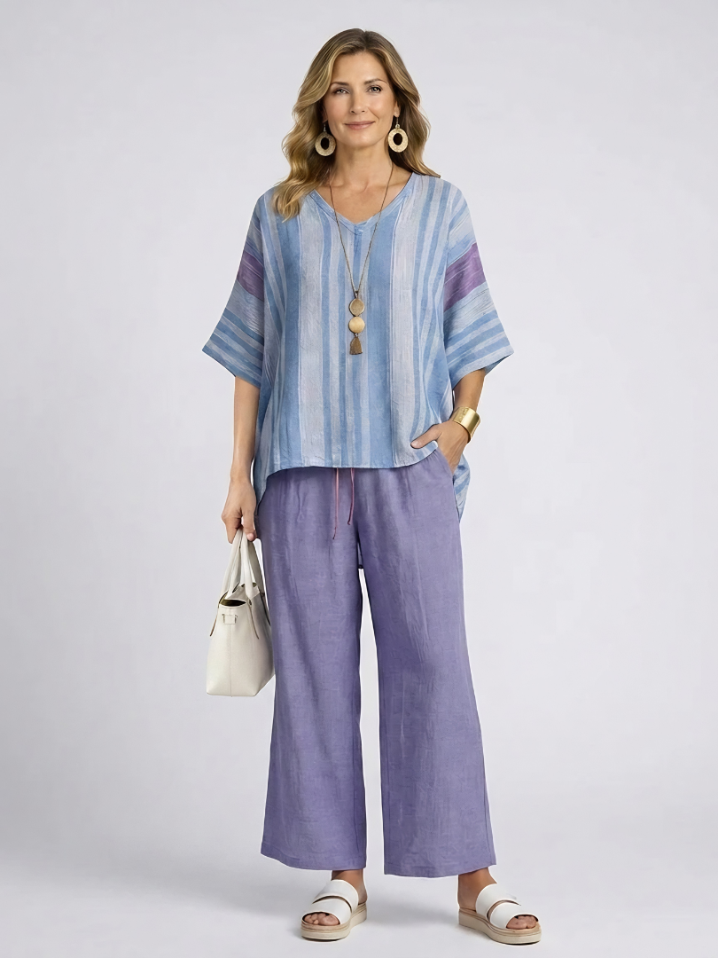 Zellora | Elegant Lavender & Sky Blue Top & Linen Pants