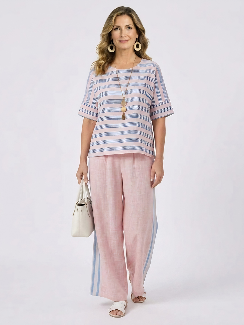 Virella | Elegant Pink-Blue Linen Blouse & Soft Pants