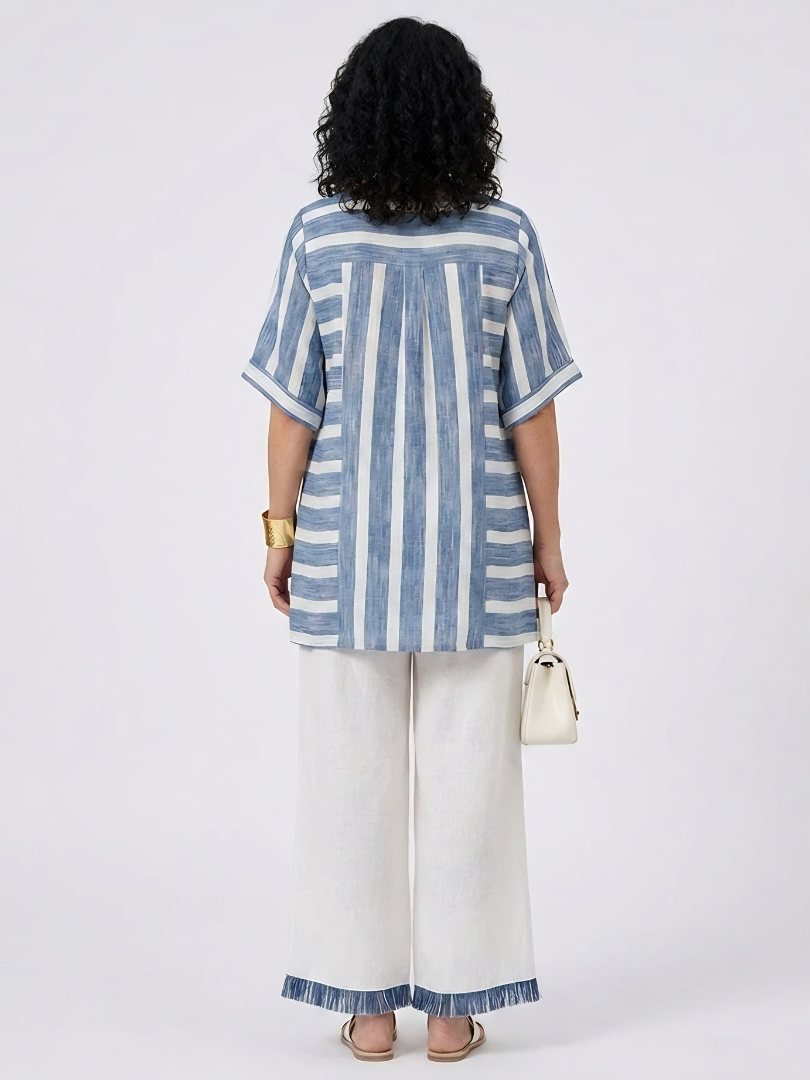 Corvielle | Sophisticated Blue Striped Top & Hem-Detailed Pants