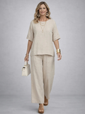 Drevon | Comfortable Minimalist Raw Blouse & Wide-Leg Pants