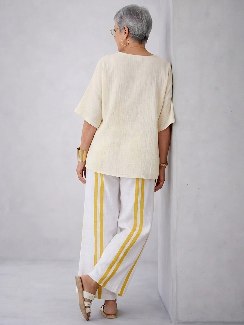 Anselor | Elegant Yellow Striped Linen Top & Wide-Leg Pants