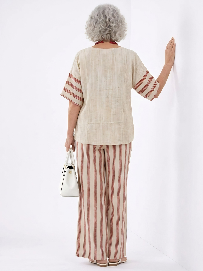 Braelith | Elegant Rustic Striped Top & Cream Linen Pants