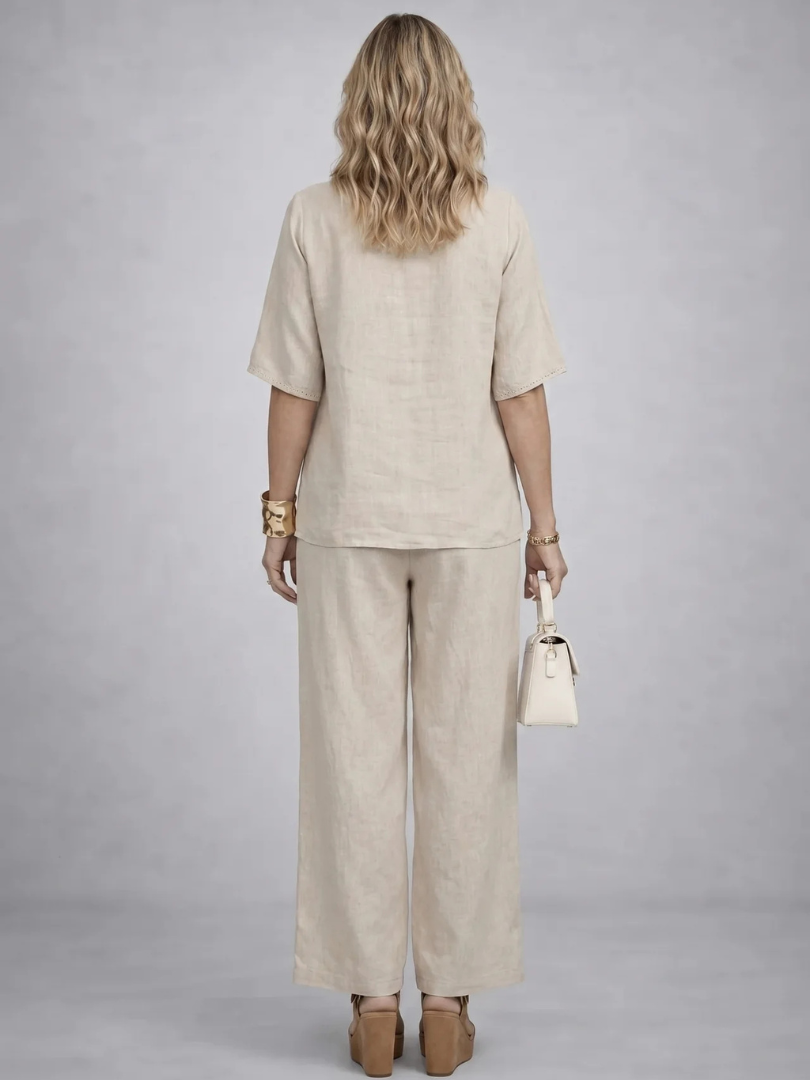 Drevon | Comfortable Minimalist Raw Blouse & Wide-Leg Pants