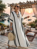 Elvienne | Short Sleeve Color Block Striped Maxi Dress