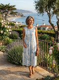 Solene | Sleeveless Blue Leaf Pattern Midi Dress