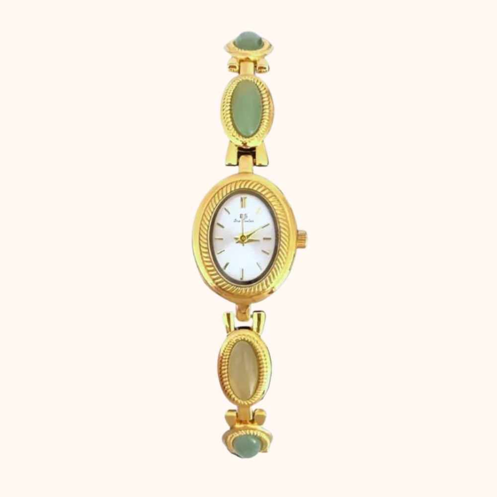 Elegant Gold-Colored Women's Watch with Decorative Stone Accents